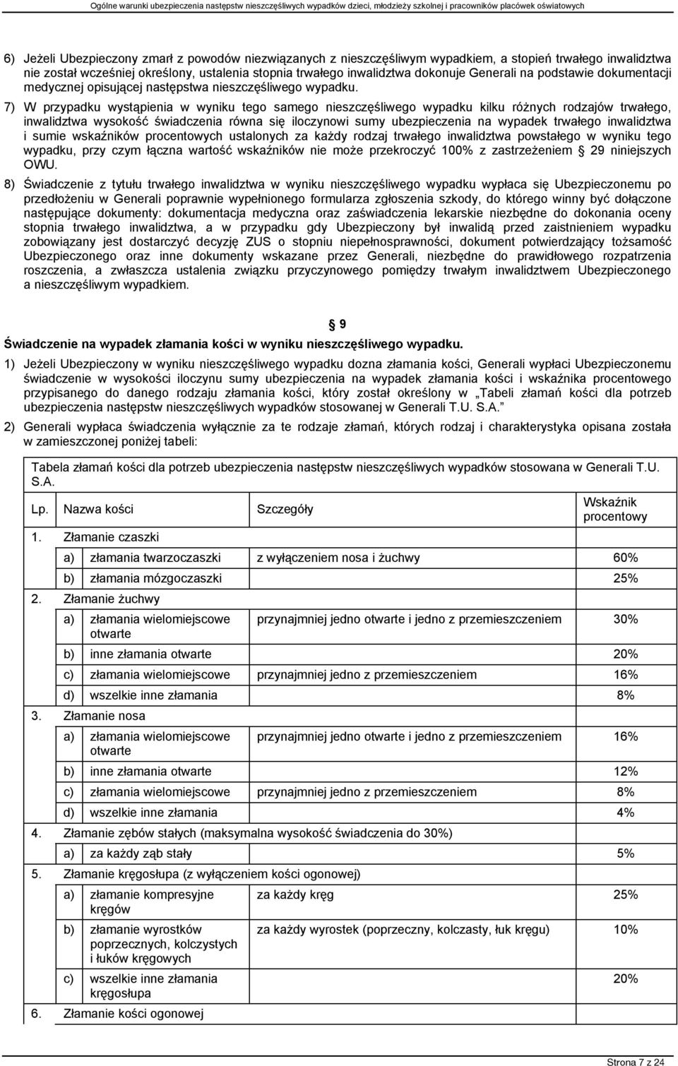 7) W przypadku wystąpienia w wyniku tego samego nieszczęśliwego wypadku kilku różnych rodzajów trwałego, inwalidztwa wysokość świadczenia równa się iloczynowi sumy ubezpieczenia na wypadek trwałego