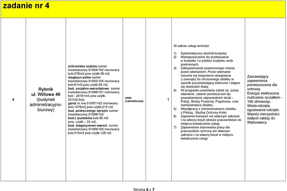 użytk-25 m2, bud. podręcznego sprzętu numer inwentarzowy 0098/02 bud.z pustaków kub-80 m3 pow. użytk 33 m2, bud. magazynowo-warszt numer inwentarzowy 0099/04 murowany kub-55m3 pow.