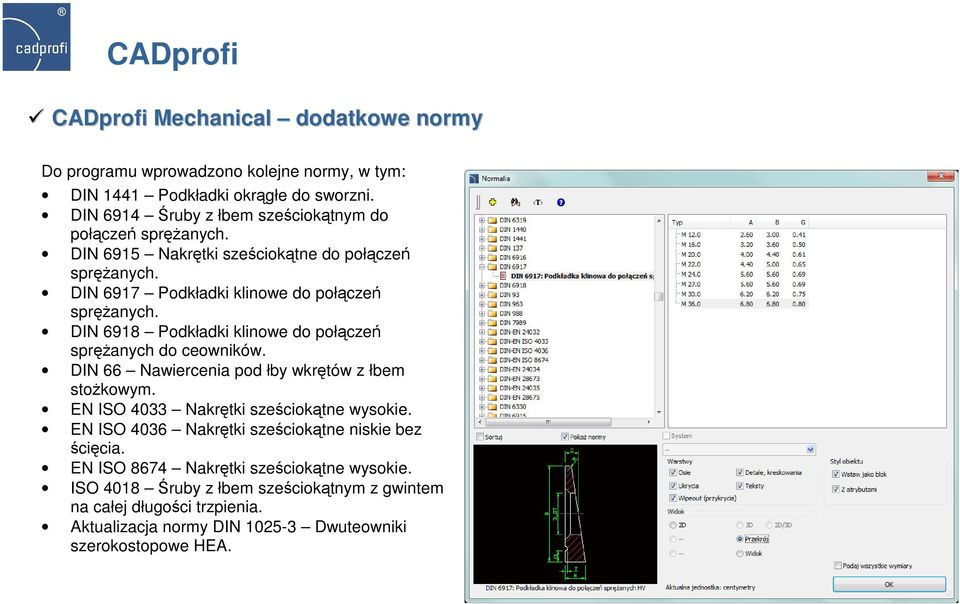 DIN 6918 Podkładki klinowe do połączeń spręŝanych do ceowników. DIN 66 Nawiercenia pod łby wkrętów z łbem stoŝkowym. EN ISO 4033 Nakrętki sześciokątne wysokie.