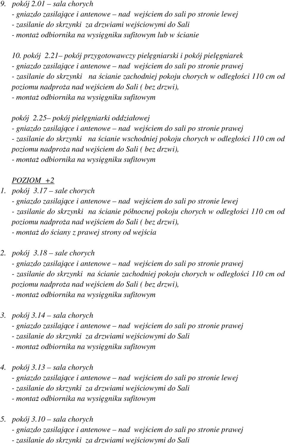 17 sale chorych - zasilanie do skrzynki na ścianie północnej pokoju chorych w odległości 110 cm od - montaż do ściany z prawej strony od wejścia 2. pokój 3.