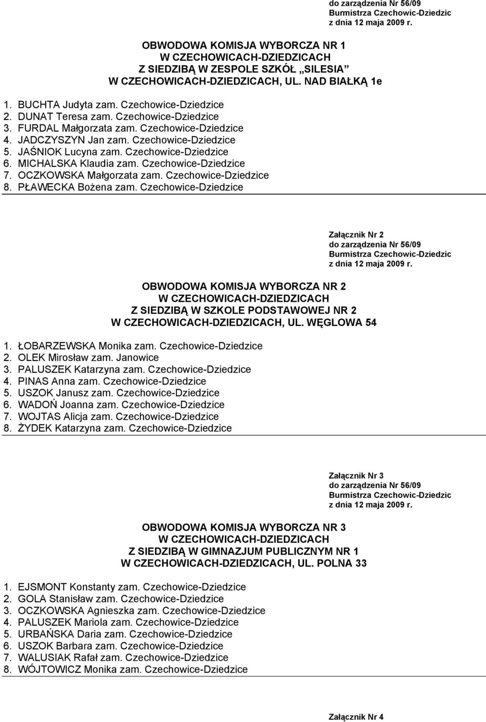 Czechowice-Dziedzice 8. PŁAWECKA Bożena zam. Czechowice-Dziedzice OBWODOWA KOMISJA WYBORCZA NR 2 Z SIEDZIBĄ W SZKOLE PODSTAWOWEJ NR 2, UL. WĘGLOWA 54 1. ŁOBARZEWSKA Monika zam. Czechowice-Dziedzice 2.