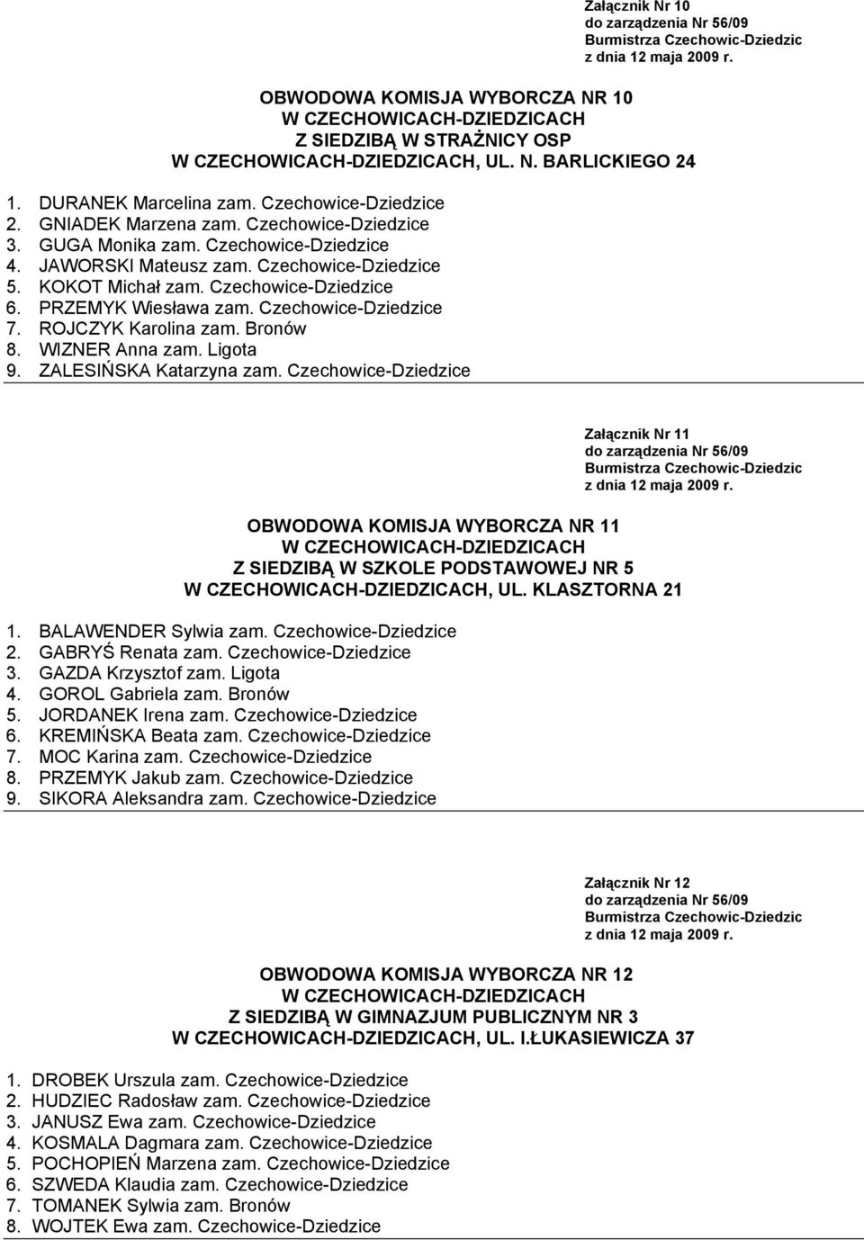WIZNER Anna zam. Ligota 9. ZALESIŃSKA Katarzyna zam. Czechowice-Dziedzice OBWODOWA KOMISJA WYBORCZA NR 11 Z SIEDZIBĄ W SZKOLE PODSTAWOWEJ NR 5, UL. KLASZTORNA 21 1. BALAWENDER Sylwia zam.