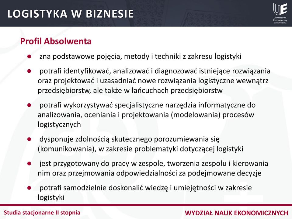 projektowania (modelowania) procesów logistycznych dysponuje zdolnością skutecznego porozumiewania się (komunikowania), w zakresie problematyki dotyczącej logistyki jest przygotowany