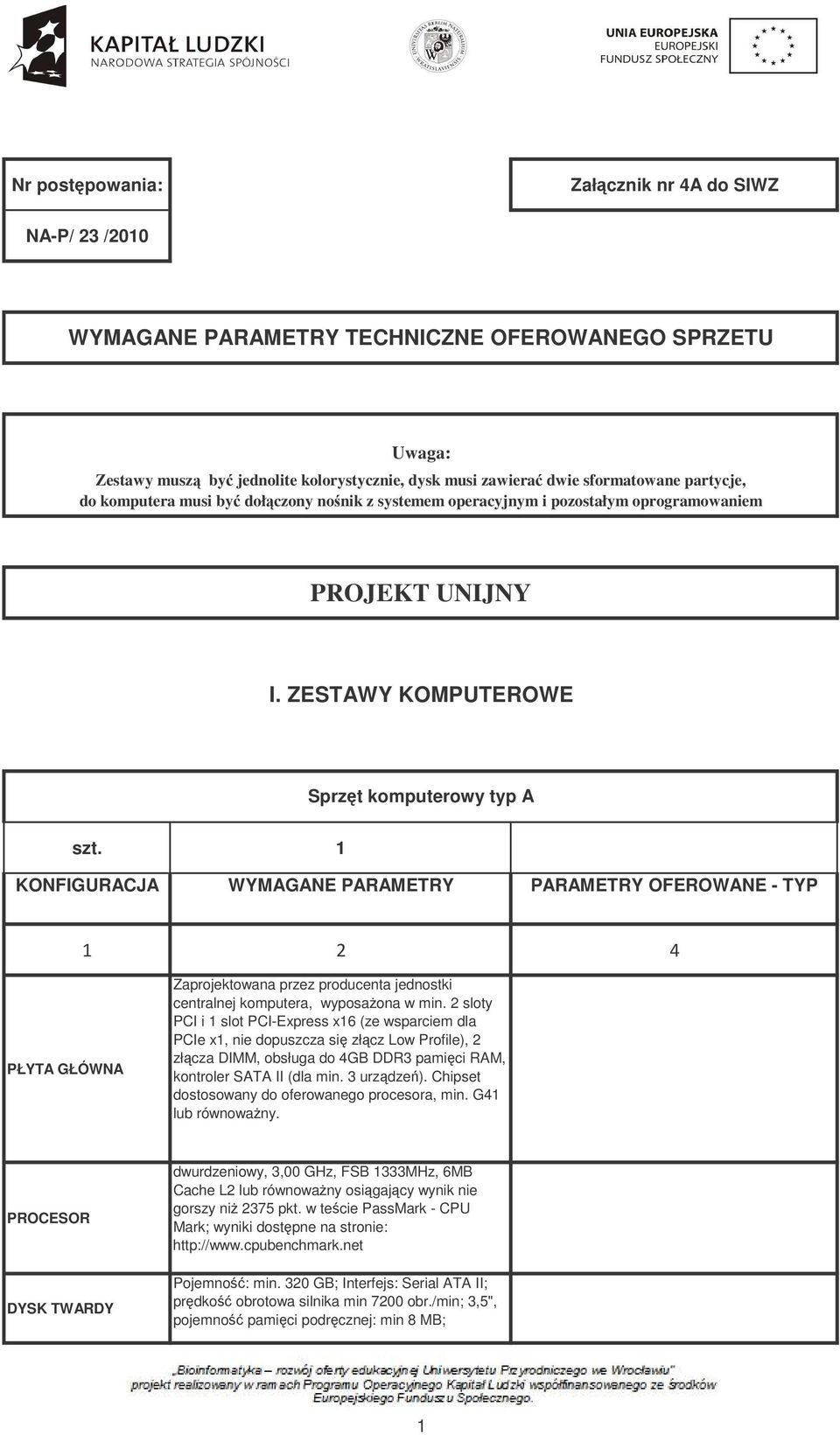 1 KONFIGURACJA WYMAGANE PARAMETRY PARAMETRY OFEROWANE - TYP PŁYTA GŁÓWNA Zaprojektowana przez producenta jednostki centralnej komputera, wyposaona w min.