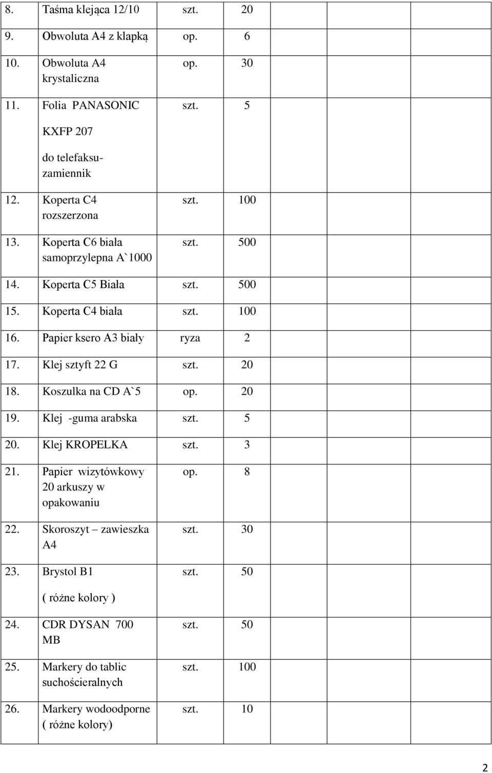 Klej sztyft 22 G szt. 20 8. Koszulka na CD A`5 op. 20 9. Klej -guma arabska szt. 5 20. Klej KROPELKA szt. 3 2. Papier wizytówkowy 20 arkuszy w opakowaniu 22.