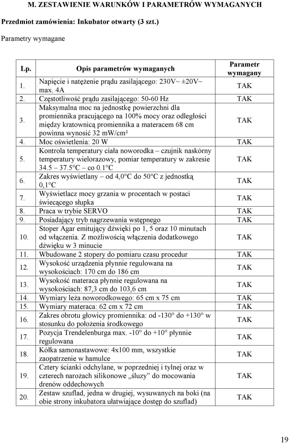 Maksymalna moc na jednostkę powierzchni dla promiennika pracującego na 100% mocy oraz odległości między kratownicą promiennika a materacem 68 cm powinna wynosić 32 mw/cm² 4. Moc oświetlenia: 20 W 5.