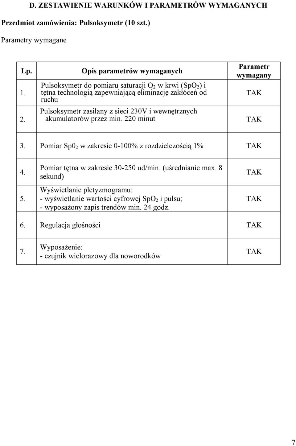 sieci 230V i wewnętrznych akumulatorów przez min. 220 minut 3. Pomiar Sp0 2 w zakresie 0-100% z rozdzielczością 1% 4. 5. Pomiar tętna w zakresie 30-250 ud/min.