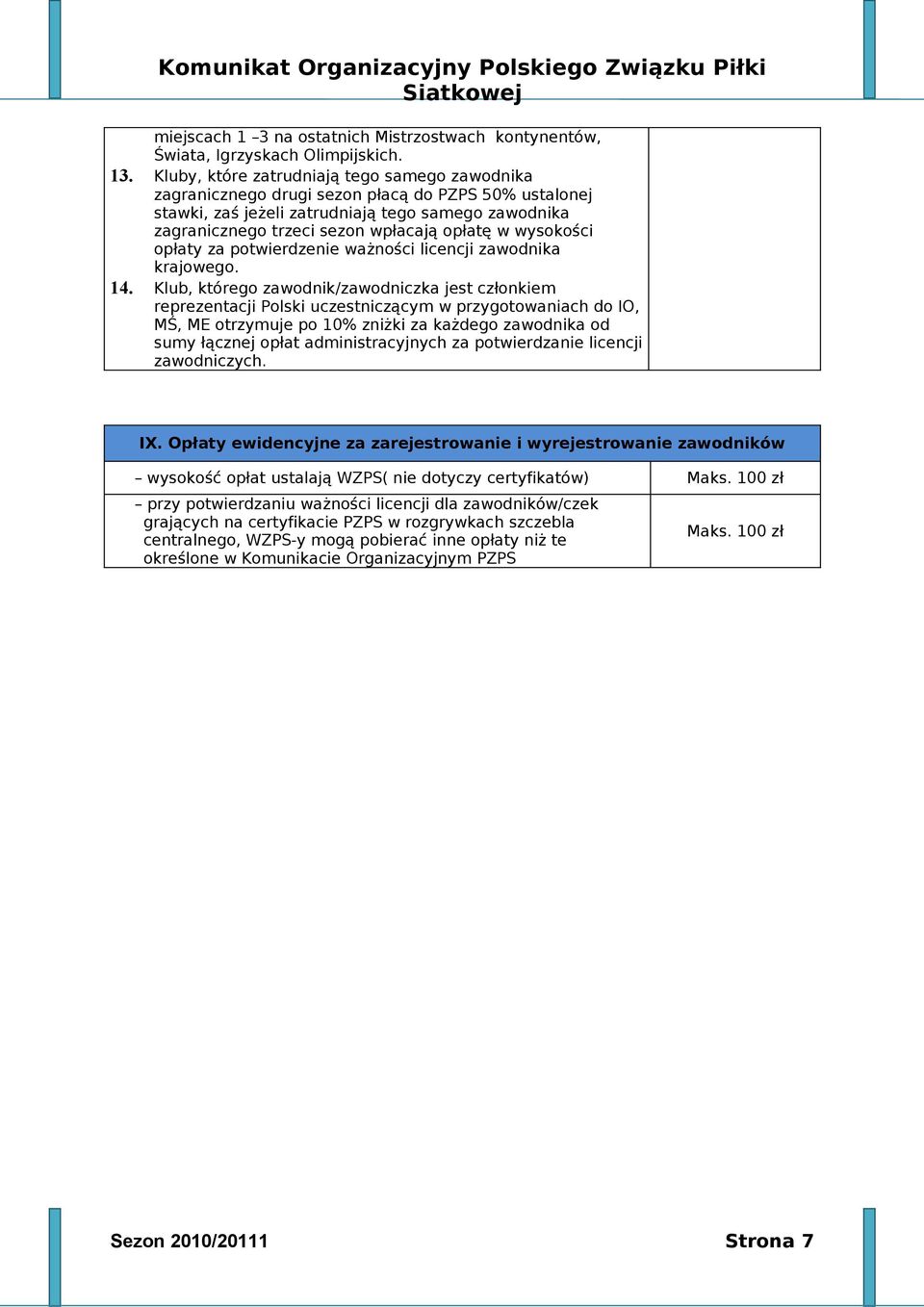 wysokości opłaty za potwierdzenie ważności licencji zawodnika krajowego. 14.