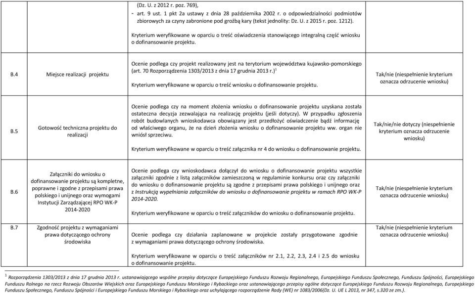 4 Miejsce realizacji projektu Ocenie podlega czy projekt realizowany jest na terytorium województwa kujawsko-pomorskiego (art. 70 Rozporządzenia 1303/2013 z dnia 17 grudnia 2013 r.) 1 B.