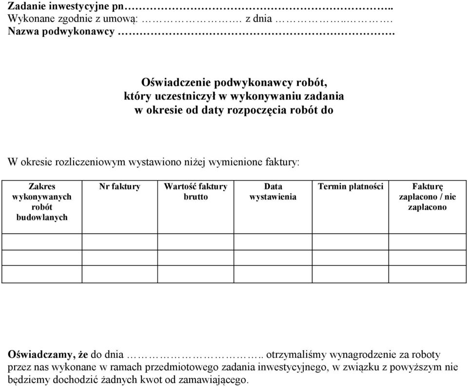 niżej wymienione faktury: Zakres wykonywanych robót budowlanych Nr faktury Wartość faktury brutto Data wystawienia Termin płatności Fakturę zapłacono