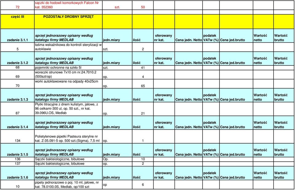 . sprzęt jednorazowy opisany według katalogu firmy MEDLAB 68 pojemniki ochronne na szkło l szt. woreczki strunowe 7x0 cm nr..700. 69 (00szt/op) op. worki autoklawowane na odpady 0xcm 70 op. 6 zadanie.