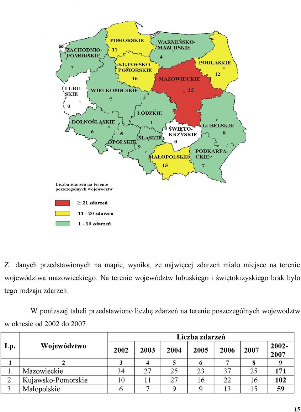 W poniższej tabeli przedstawiono liczbę zdarzeń na terenie poszczególnych województw w okresie od 2002 do 2007.