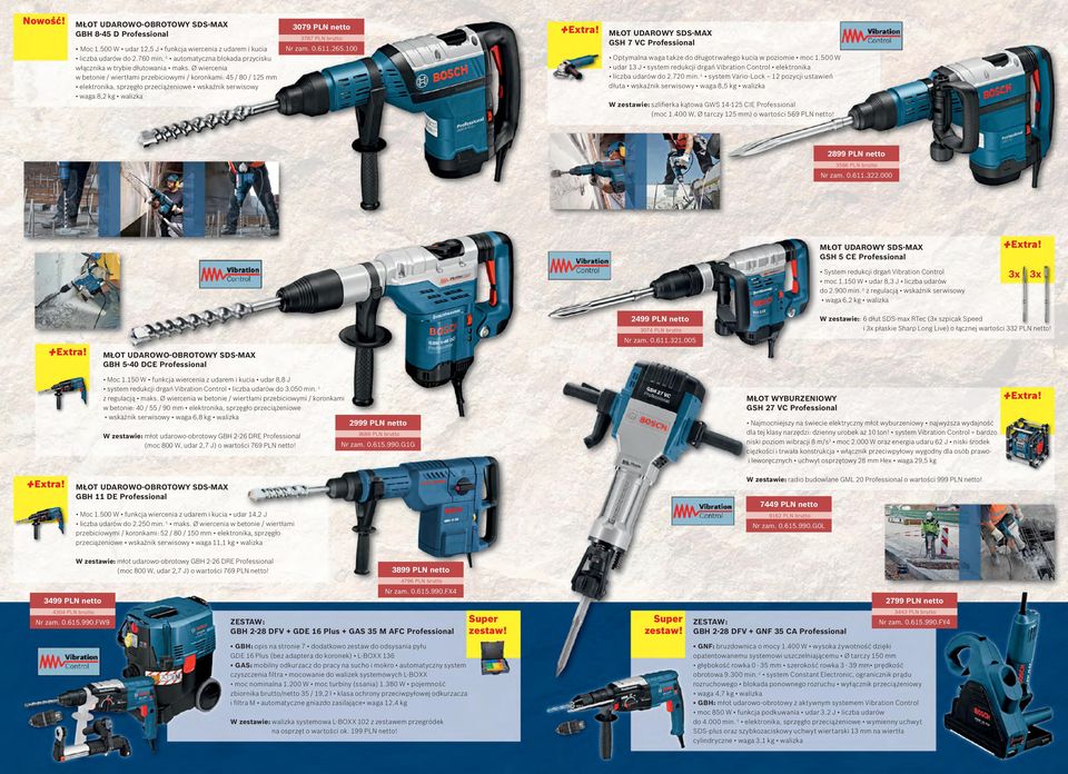 265.100 MŁOT UDAROWY SDS-MAX GSH 7 VC Optymalna waga także do długotrwałego kucia w poziomie moc 1.500 W udar 13 J system redukcji drgań Vibration Control elektronika liczba udarów do 2.720 min.