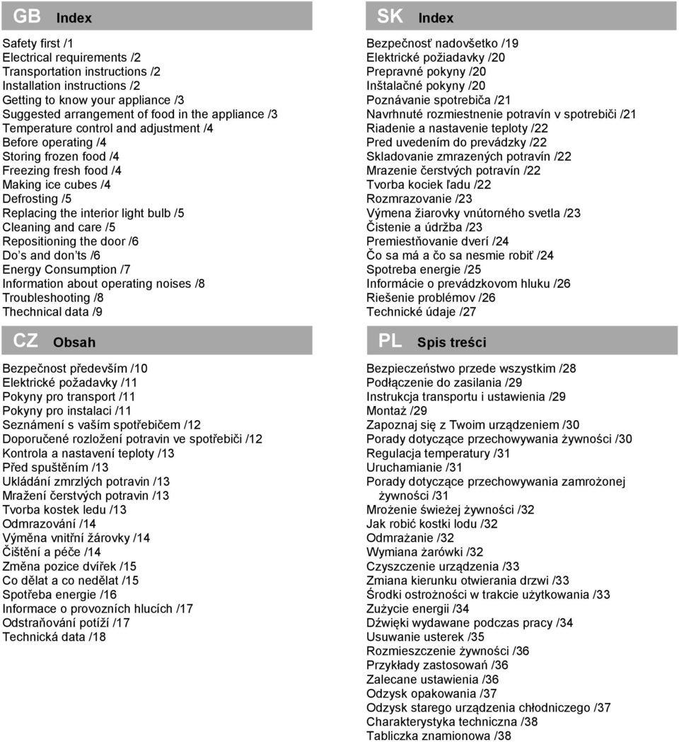 Repositioning the door /6 Do s and don ts /6 Energy Consumption /7 Information about operating noises /8 Troubleshooting /8 Thechnical data /9 CZ Obsah Bezpečnost především /10 Elektrické požadavky