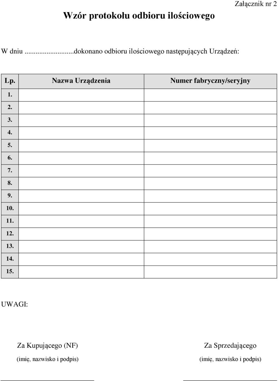 Nazwa Urządzenia Numer fabryczny/seryjny 1. 2. 3. 4. 5. 6. 7.