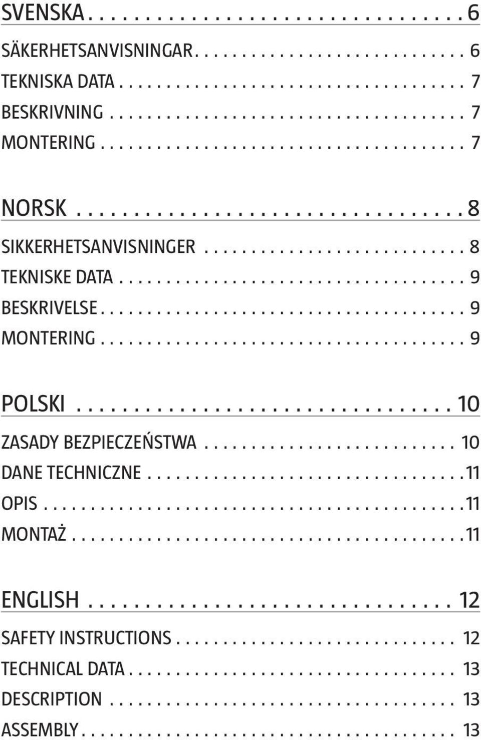 POLSKI 10 ZASADY BEZPIECZEŃSTWA 10 DANE TECHNICZNE 11 OPIS 11 MONTAŻ 11