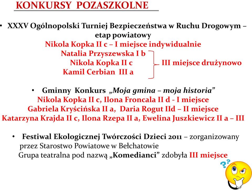 Froncala II d - I miejsce Gabriela Kryścińska II a, Daria Rogut IId II miejsce Katarzyna Krajda II c, Ilona Rzepa II a, Ewelina Juszkiewicz II a