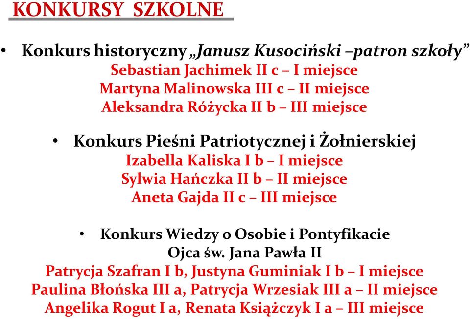 II b II miejsce Aneta Gajda II c III miejsce Konkurs Wiedzy o Osobie i Pontyfikacie Ojca św.