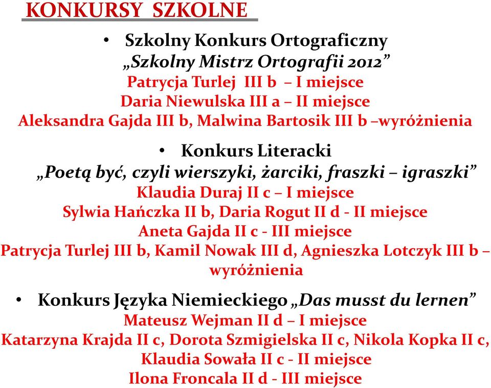 II d - II miejsce Aneta Gajda II c - III miejsce Patrycja Turlej III b, Kamil Nowak III d, Agnieszka Lotczyk III b wyróżnienia Konkurs Języka Niemieckiego Das musst du