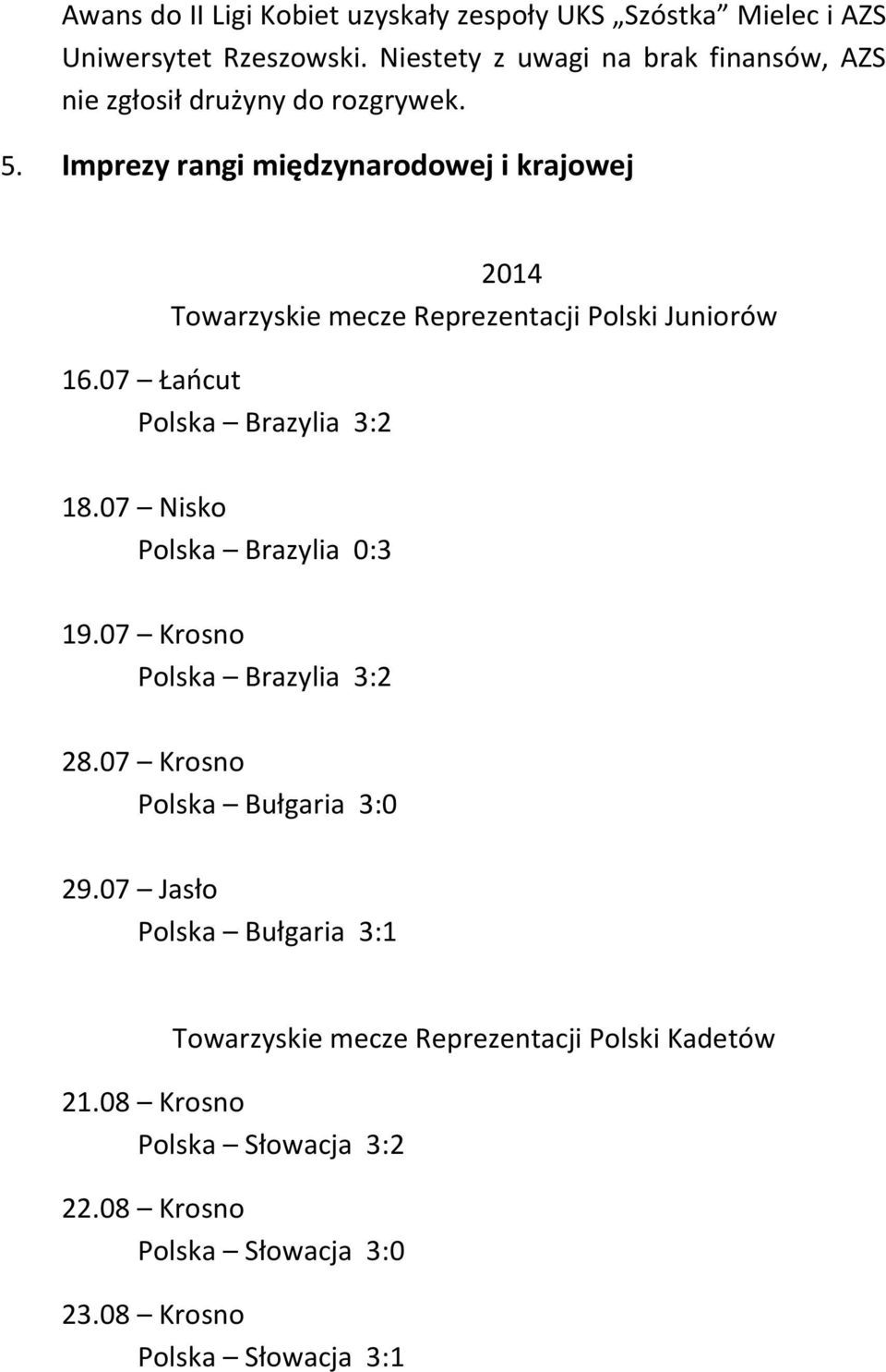Imprezy rangi międzynarodowej i krajowej 2014 Towarzyskie mecze Reprezentacji Polski Juniorów 16.07 Łańcut Polska Brazylia 3:2 18.