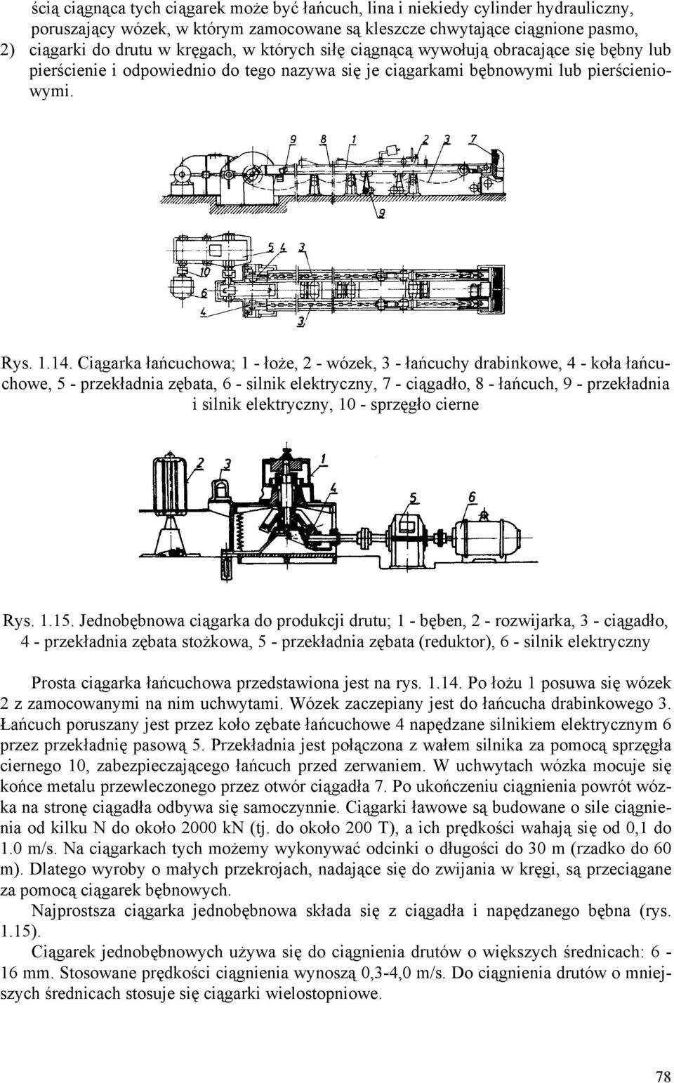 Ciągarka łańcuchowa; 1 - łoże, 2 - wózek, 3 - łańcuchy drabinkowe, 4 - koła łańcuchowe, 5 - przekładnia zębata, 6 - silnik elektryczny, 7 - ciągadło, 8 - łańcuch, 9 - przekładnia i silnik