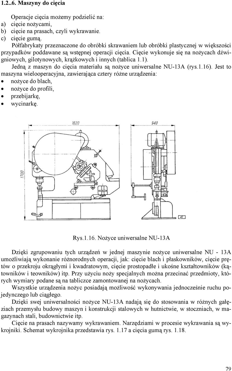 Cięcie wykonuje się na nożycach dźwigniowych, gilotynowych, krążkowych i innych (tablica 1.1). Jedną z maszyn do cięcia materiału są nożyce uniwersalne NU-13A (rys.1.16).