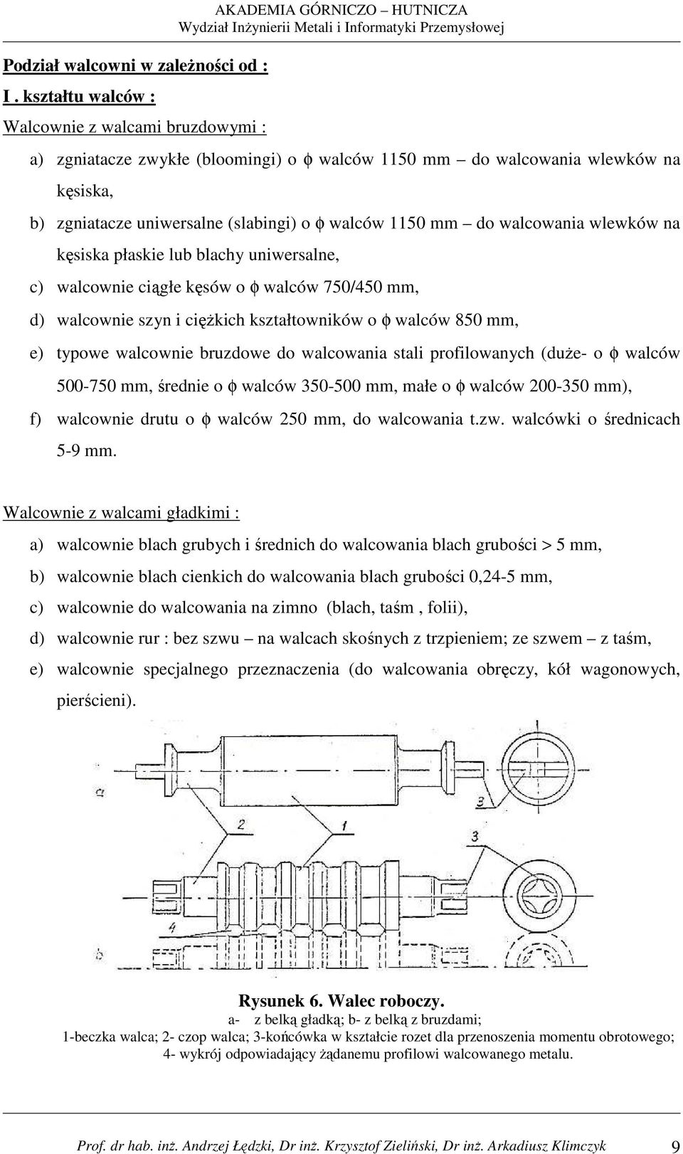 (slabingi) o φ walców 1150 mm do walcowania wlewków na kęsiska płaskie lub blachy uniwersalne, c) walcownie ciągłe kęsów o φ walców 750/450 mm, d) walcownie szyn i cięŝkich kształtowników o φ walców