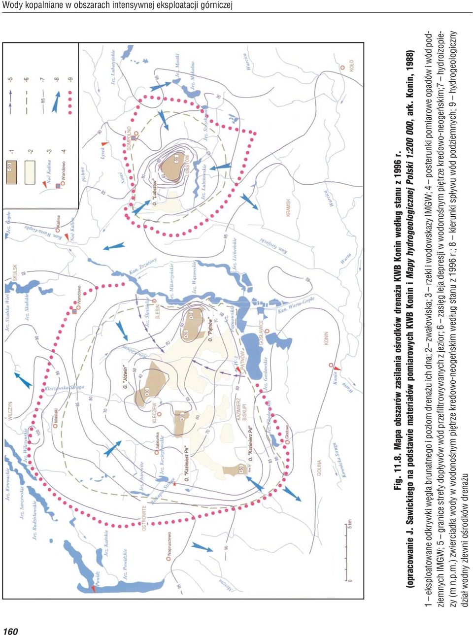 Konin, 1988) 1 eksploatowane odkrywki wêgla brunatnego i poziom drena u ich dna; 2 zwa³owiska; 3 rzeki i wodowskazy IMGW; 4 posterunki pomiarowe opadów i wód podziemnych IMGW; 5 granice