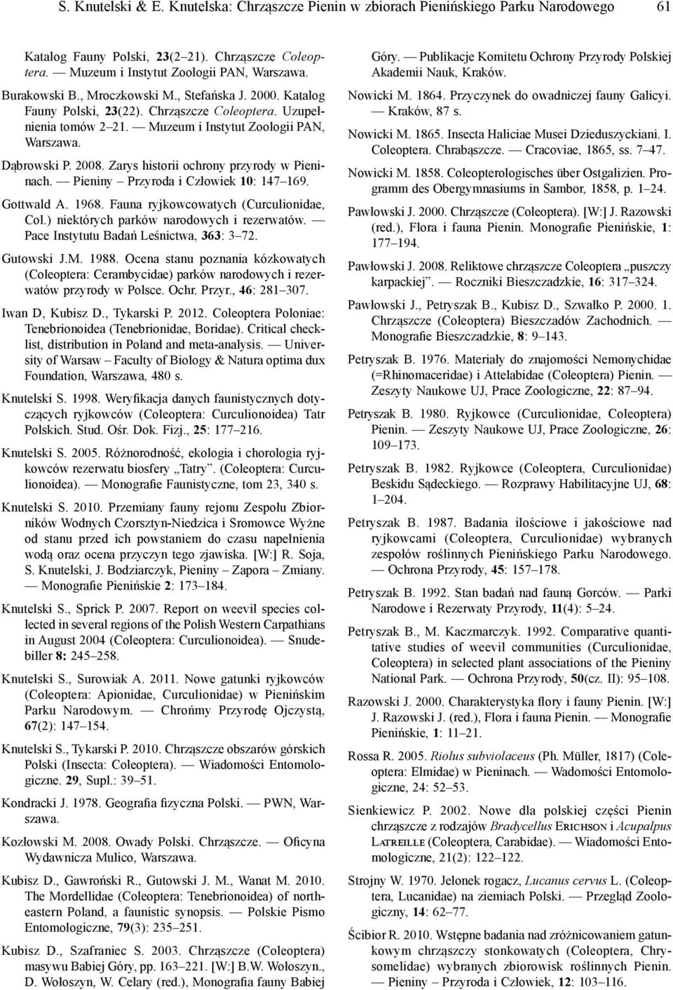 Zarys historii ochrony przyrody w Pieninach. Pieniny Przyroda i Człowiek 10: 147 169. A. 1968. Fauna ryjkowcowatych (Curculionidae, Col.) niektórych parków narodowych i rezerwatów.