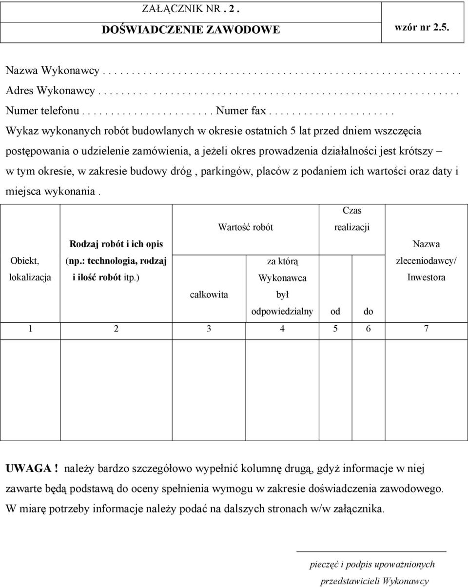 ..................... Wykaz wykonanych robót budowlanych w okresie ostatnich 5 lat przed dniem wszczęcia postępowania o udzielenie zamówienia, a jeżeli okres prowadzenia działalności jest krótszy w