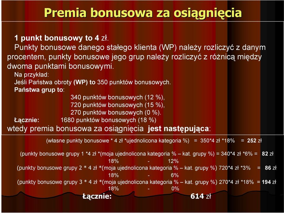 Na przykład: Jeśli Państwa obroty (WP) to 350 punktów bonusowych. Państwa grup to: 340 punktów bonusowych (12 %), 720 punktów bonusowych (15 %), 270 punktów bonusowych (0 %).