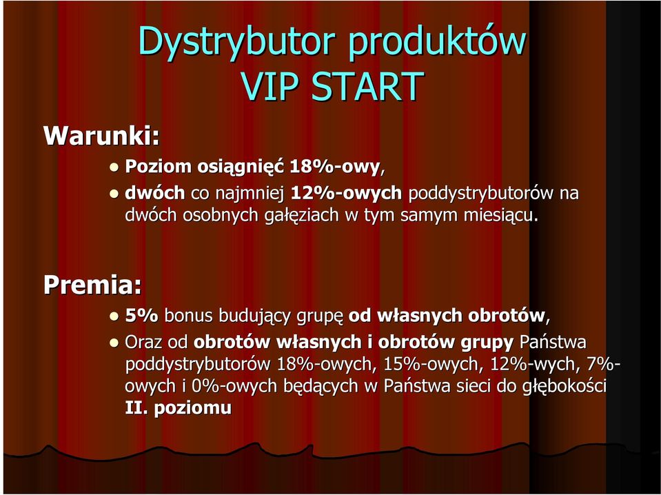 Premia: 5% bonus budujący grupę od własnych obrotów, Oraz od obrotów własnych i obrotów grupy