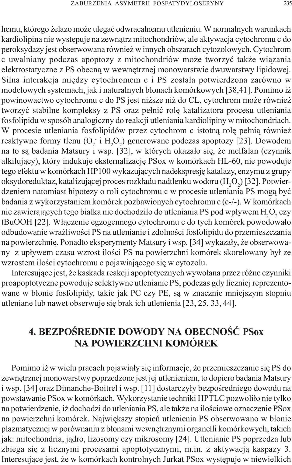 Cytochrom c uwalniany podczas apoptozy z mitochondriów mo e tworzyæ tak e wi¹zania elektrostatyczne z PS obecn¹ w wewnêtrznej monowarstwie dwuwarstwy lipidowej.