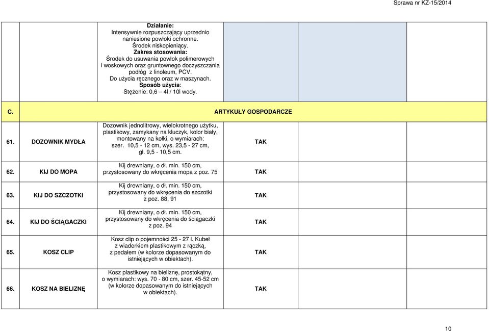 Sposób użycia: Stężenie: 0,6 4l / 10l wody. C. ARTYKUŁY GOSPODARCZE 61. DOZOWNIK MYDŁA 62. KIJ DO MOPA 63. KIJ DO SZCZOTKI 64. KIJ DO ŚCIĄGACZKI 65. KOSZ CLIP 66.