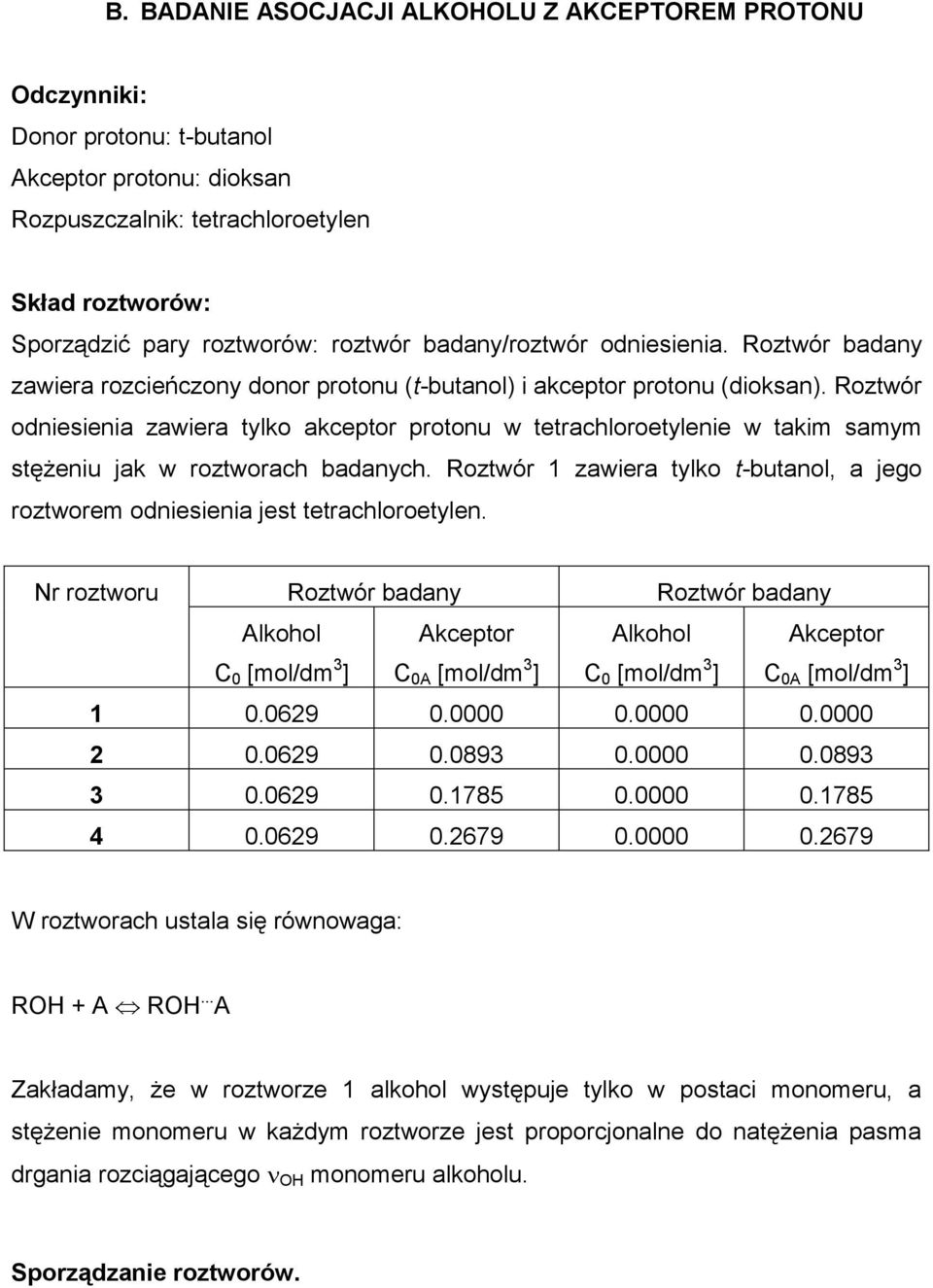 odnesena zawera tylko akeptor protonu w tetrahloroetylene w takm samym stężenu jak w roztworah badanyh. 1 zawera tylko t-butanol, a jego roztworem odnesena jest tetrahloroetylen.