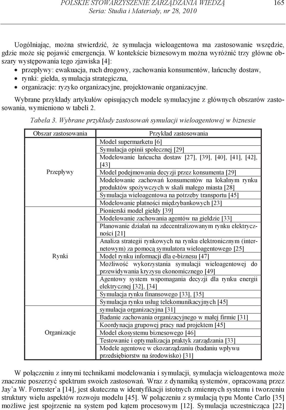 strategiczna, organizacje: ryzyko organizacyjne, projektowanie organizacyjne. Wybrane przykłady artykułów opisuj cych modele symulacyjne z głównych obszarów zastosowania, wymieniono w tabeli 2.