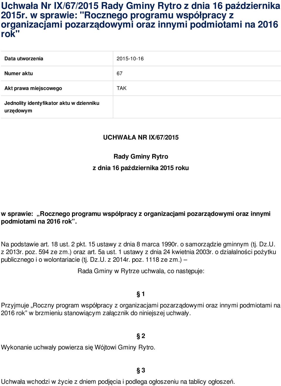 aktu w dzienniku urzędowym UCHWAŁA NR IX/67/2015 Rady Gminy Rytro z dnia 16 października 2015 roku w sprawie: Rocznego programu współpracy z organizacjami pozarządowymi oraz innymi podmiotami na 2016