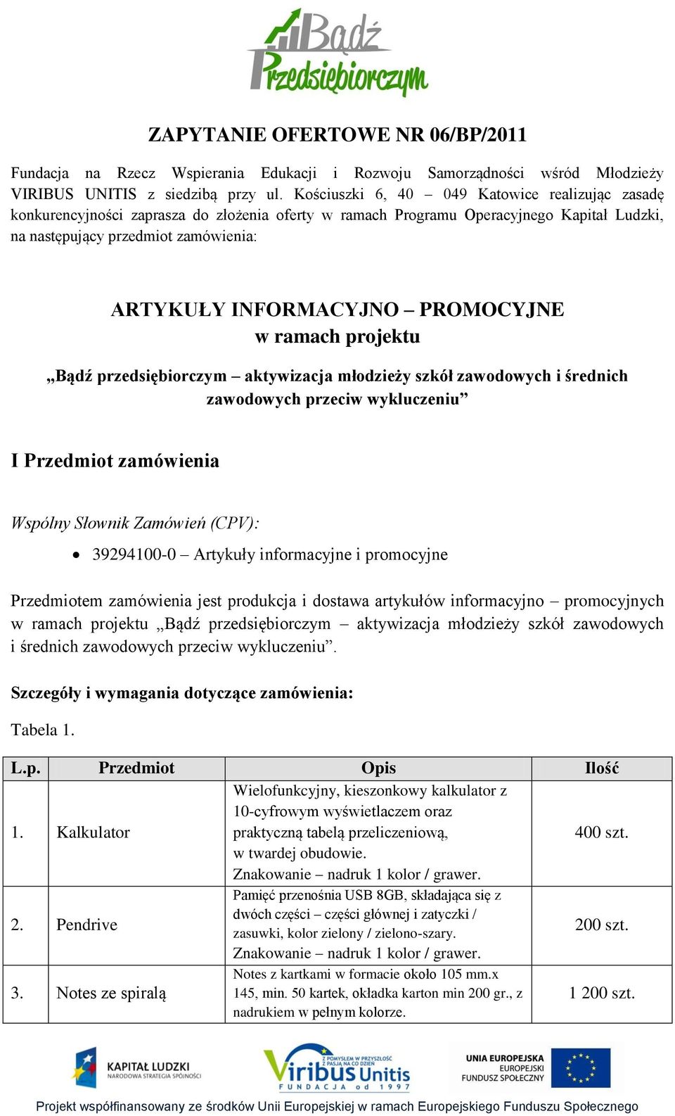 PROMOCYJNE w ramach projektu Bądź przedsiębiorczym aktywizacja młodzieży szkół zawodowych i średnich zawodowych przeciw wykluczeniu I Przedmiot zamówienia Wspólny Słownik Zamówień (CPV): 39294100-0