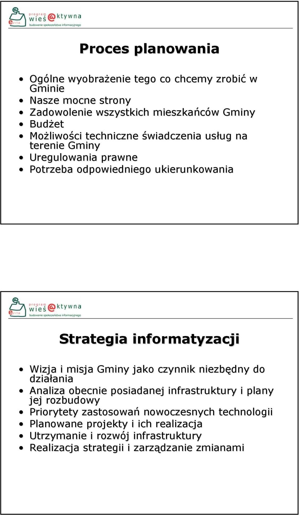 informatyzacji Wizja i misja Gminy jako czynnik niezbędny do działania Analiza obecnie posiadanej infrastruktury i plany jej rozbudowy