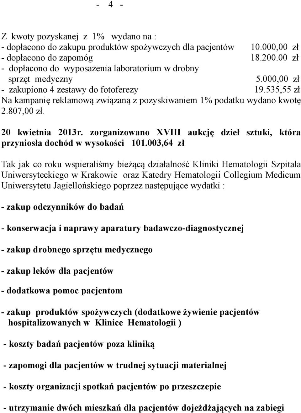 535,55 zł Na kampanię reklamową związaną z pozyskiwaniem 1% podatku wydano kwotę 2.807,00 zł. 20 kwietnia 2013r. zorganizowano XVIII aukcję dzieł sztuki, która przyniosła dochód w wysokości 101.