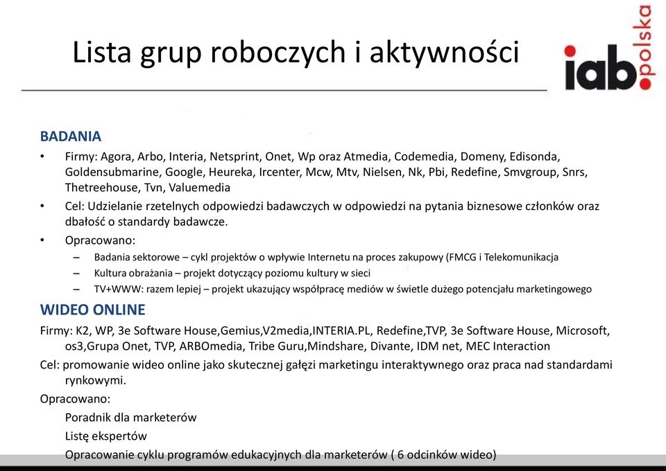 Opracowano: Badania sektorowe cykl projektów o wpływie Internetu na proces zakupowy (FMCG i Telekomunikacja Kultura obrażania projekt dotyczący poziomu kultury w sieci TV+WWW: razem lepiej projekt