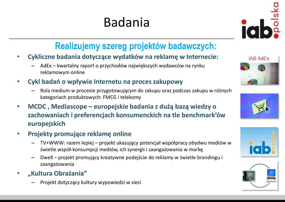 badania z dużą bazą wiedzy o zachowaniach i preferencjach konsumenckich na tle benchmark ów europejskich Projekty promujące reklamę online TV+WWW: razem lepiej projekt ukazujący potencjał współpracy