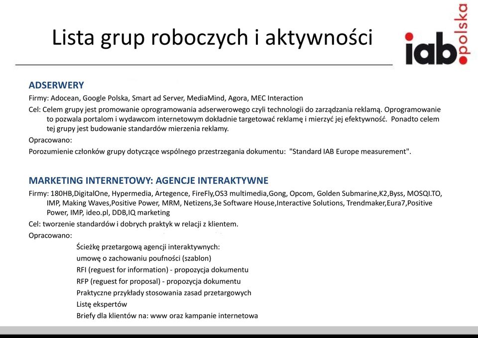 Ponadto celem tej grupy jest budowanie standardów mierzenia reklamy. Opracowano: Porozumienie członków grupy dotyczące wspólnego przestrzegania dokumentu: "Standard IAB Europe measurement".