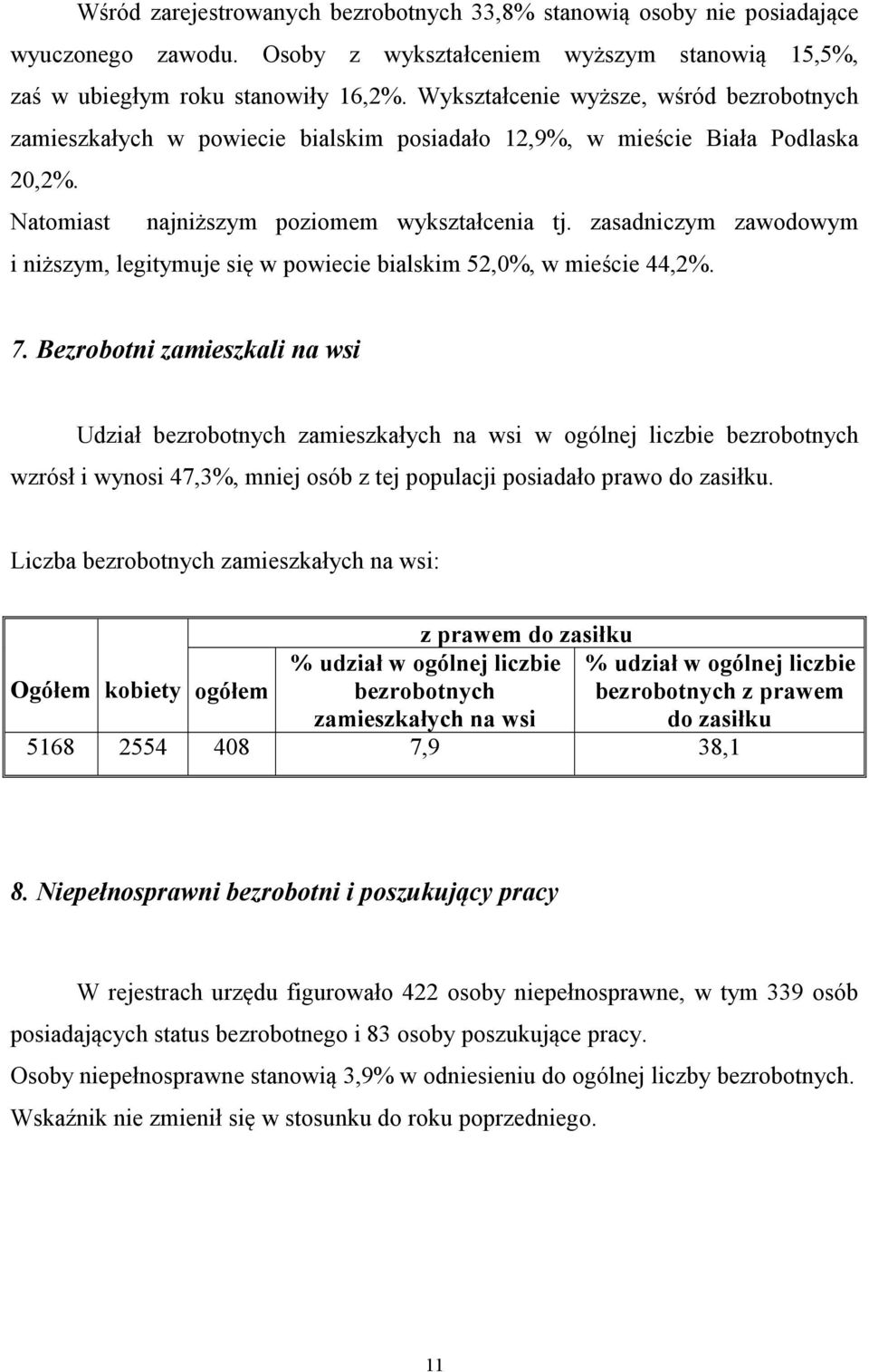 zasadniczym zawodowym i niższym, legitymuje się w powiecie bialskim 52,0%, w mieście 44,2%. 7.