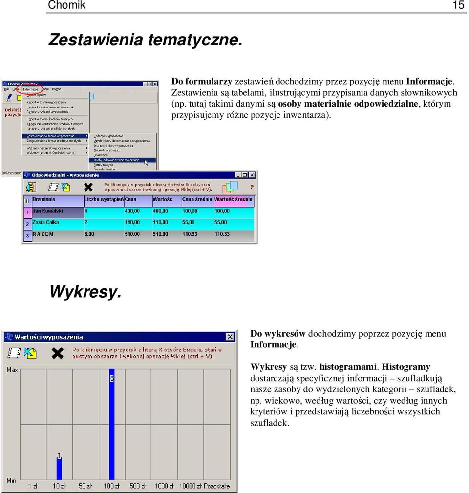 tutaj takimi danymi są osoby materialnie odpowiedzialne, którym przypisujemy różne pozycje inwentarza). Wykresy.