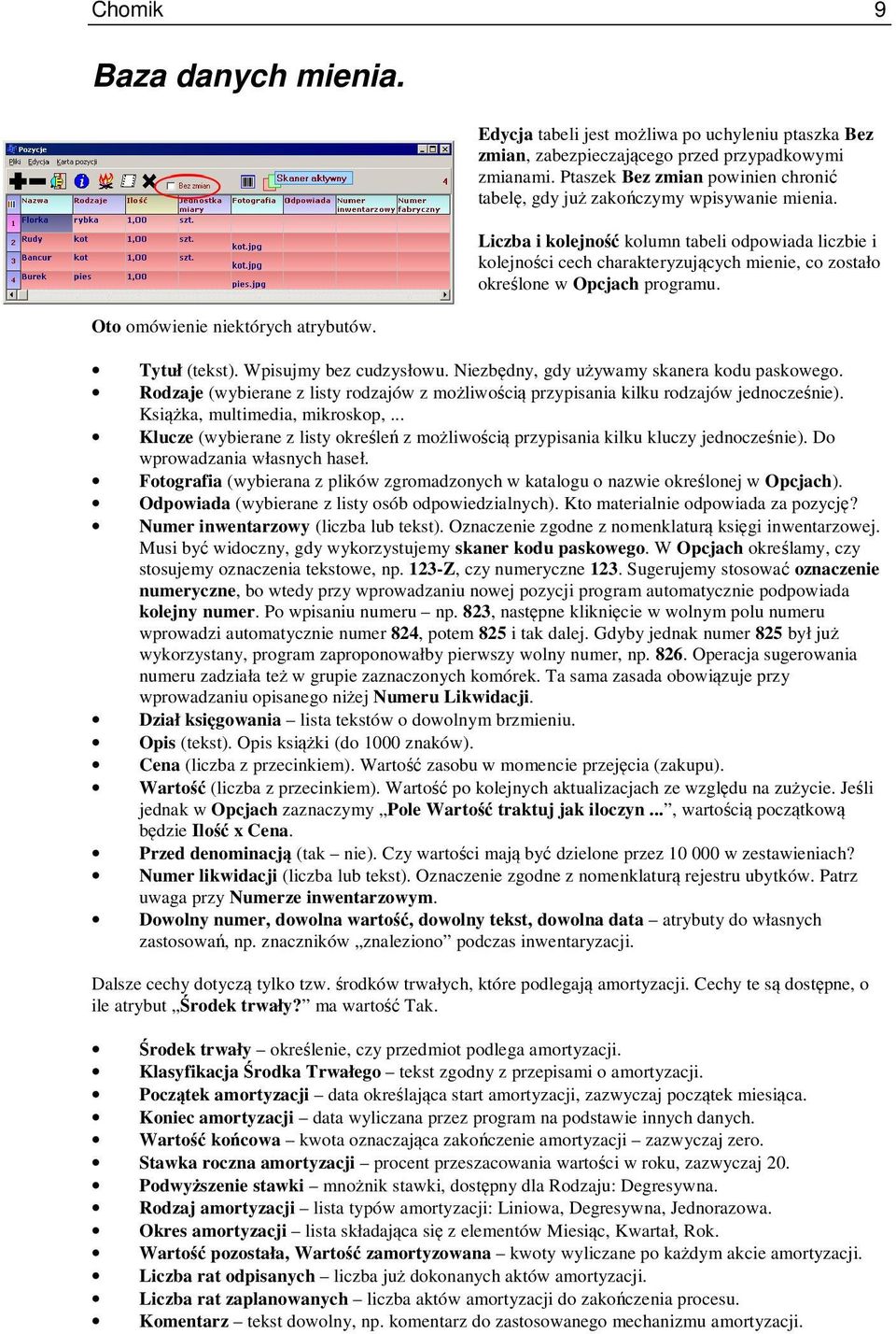 Liczba i kolejność kolumn tabeli odpowiada liczbie i kolejności cech charakteryzujących mienie, co zostało określone w Opcjach programu. Tytuł (tekst). Wpisujmy bez cudzysłowu.