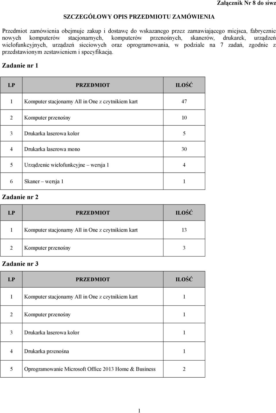 Zadanie nr 1 1 Komputer stacjonarny All in One z czytnikiem kart 47 2 Komputer przenośny 10 3 Drukarka laserowa kolor 5 4 Drukarka laserowa mono 30 5 Urządzenie wielofunkcyjne wersja 1 4 6 Skaner