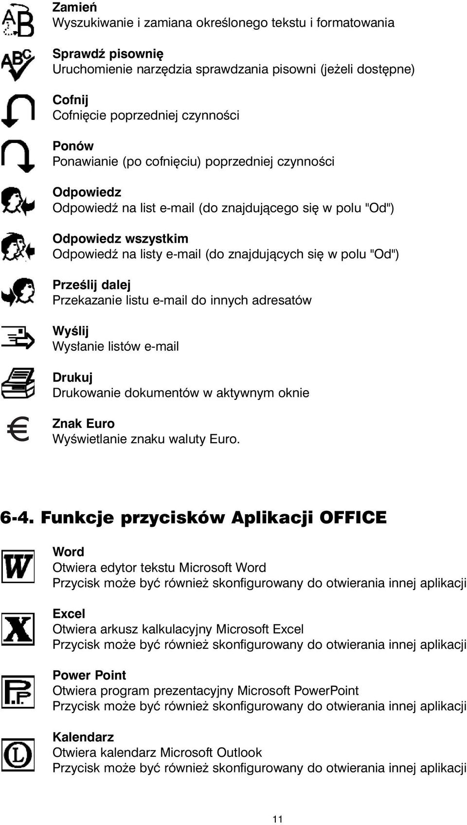 dalej Przekazanie listu e-mail do innych adresatów Wyœlij Wys³anie listów e-mail Drukuj Drukowanie dokumentów w aktywnym oknie Znak Euro Wyœwietlanie znaku waluty Euro. 6-4.