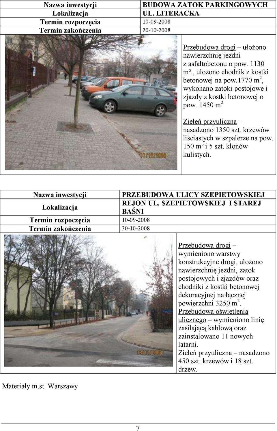 krzewów liściastych w szpalerze na pow. 150 m² i 5 szt. klonów kulistych. PRZEBUDOWA ULICY SZEPIETOWSKIEJ REJON UL.