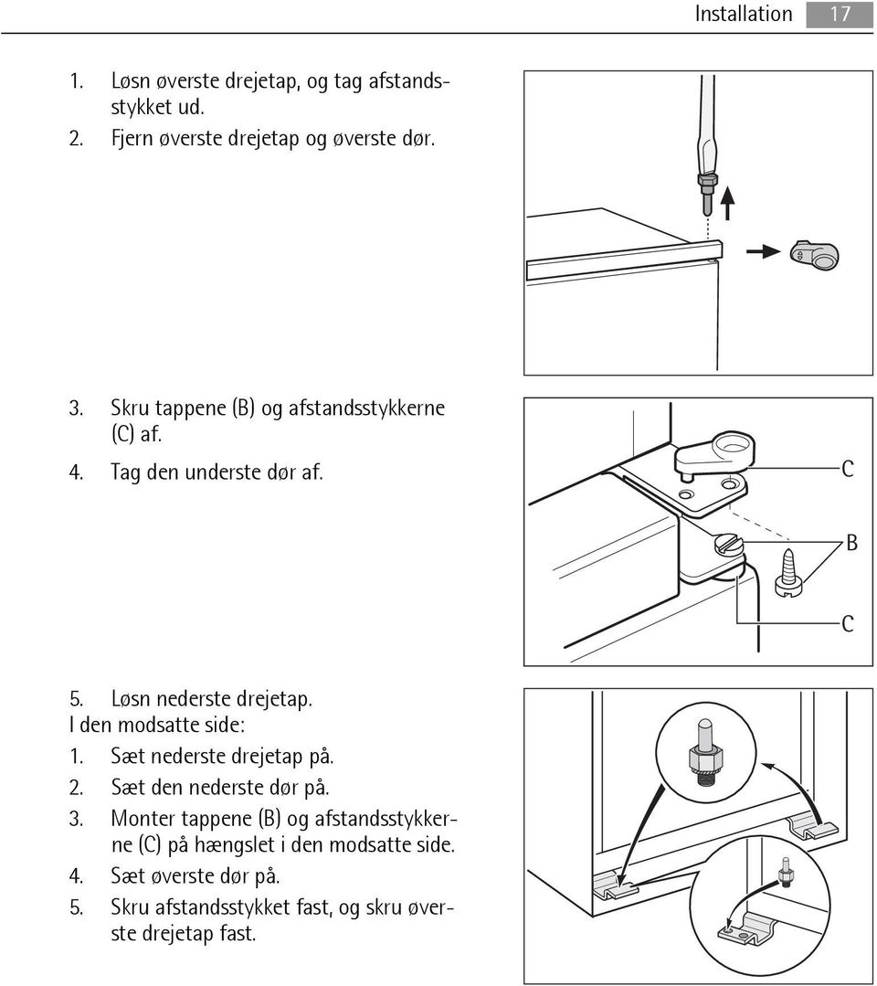 I den modsatte side: 1. Sæt nederste drejetap på. 2. Sæt den nederste dør på. 3.